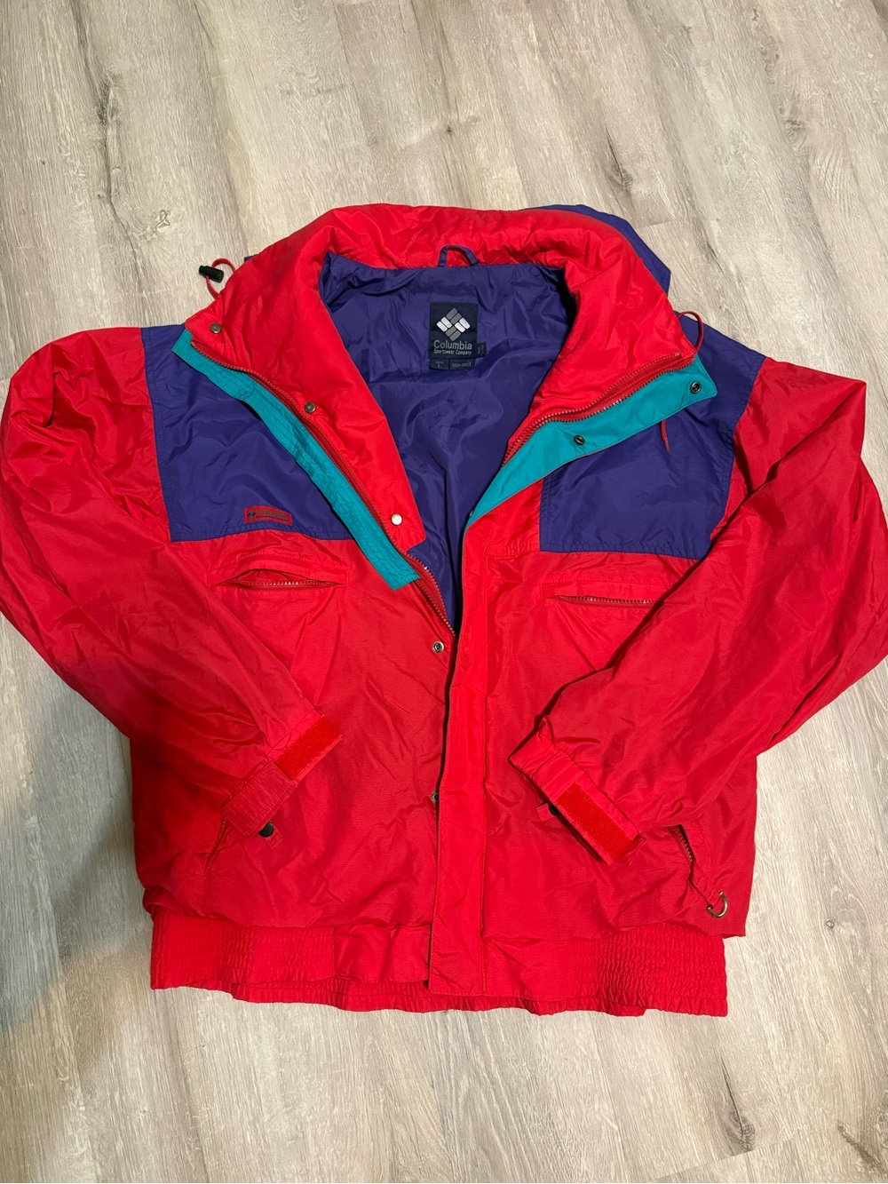 Vintage Columbia Red Colorblock Ski Jacket with Purple and Teal Accents